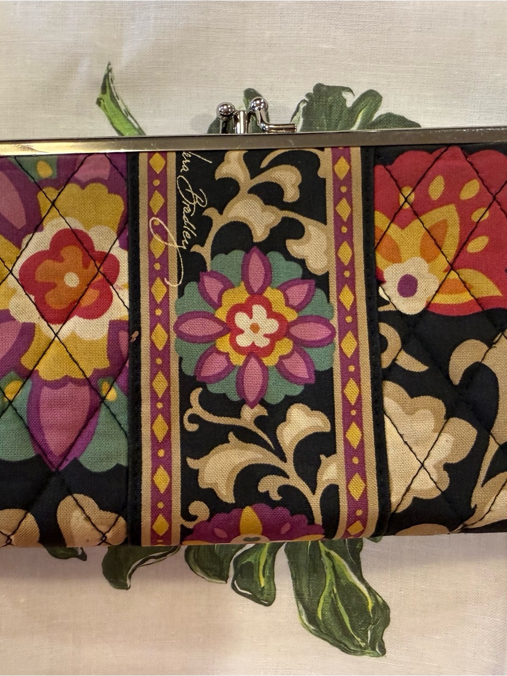 Vera Bradley Black Quilted Interior Clasp Wallet with Gold Trim